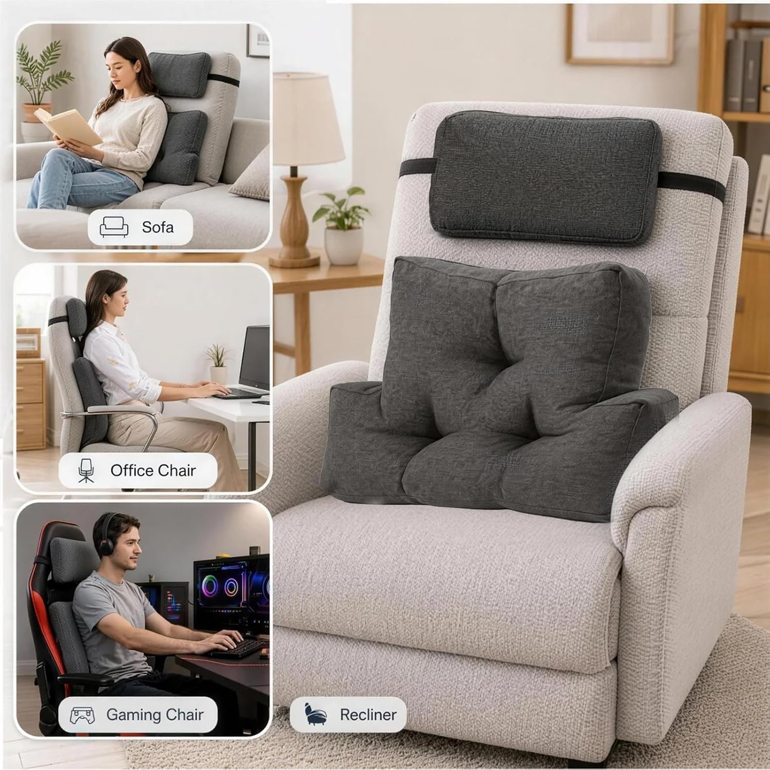 2 Pcs Lumbar Support Pillow Set, Back Support Pillow for Couch, Backrest Pillow with Headrest, Back Rest for Recliner Chair, Lumbar Support for Recliner, Back Pillow for Sofa Reading Rest