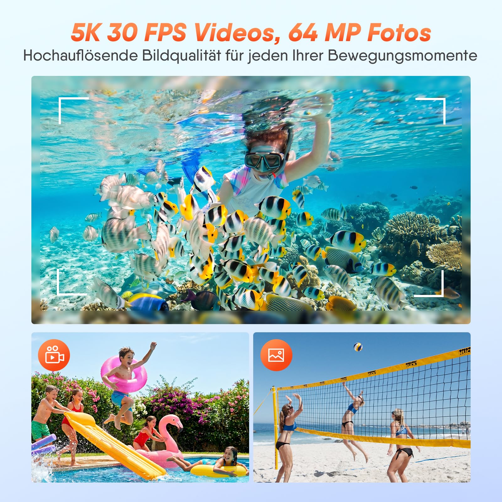 Rollei Sportsline 64 Pro Unterwasserkamera 5K 64MP Digitalkamera wasserdichte Unterwasser Kamera mit Sony 21MP Sensor 18X Digitalzoom EIS Bildstabilisierung Unterwasserkamera-Digitalkamera-Kamera