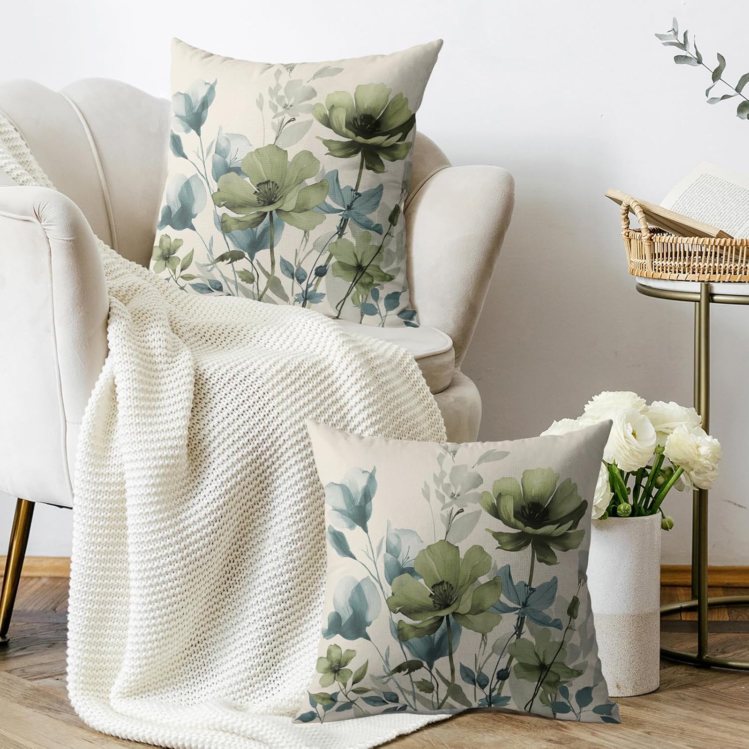 Spring Floral Pillow Cover 24x24 Inch Set of 2 Blue Green Flower Pattern Print Decorative Throw Pillowcases Seasonal Outdoor Farmhouse Home Cushion Cases Decor for Sofa Couch Bed
