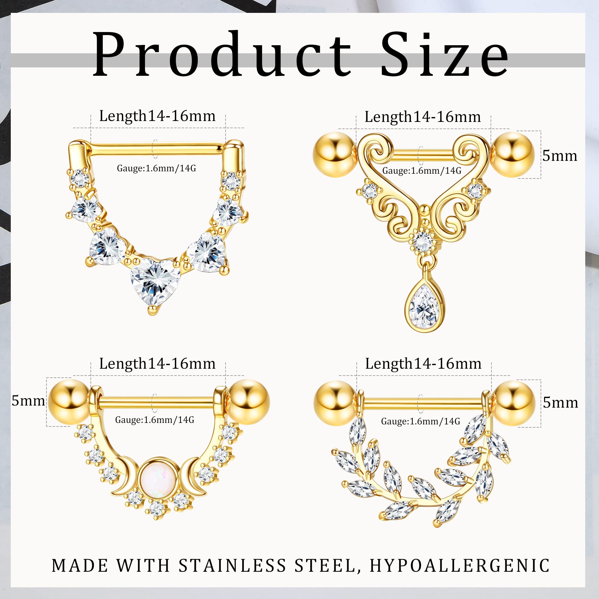 Kakonia 4 Paar 14G Nippelpiercing für Damen 316L Edelstahl Teardrop Heart Moon Star Opal Leaf CZ Barbell Brustwarzenpiercing Set Süße Nipple Piercing