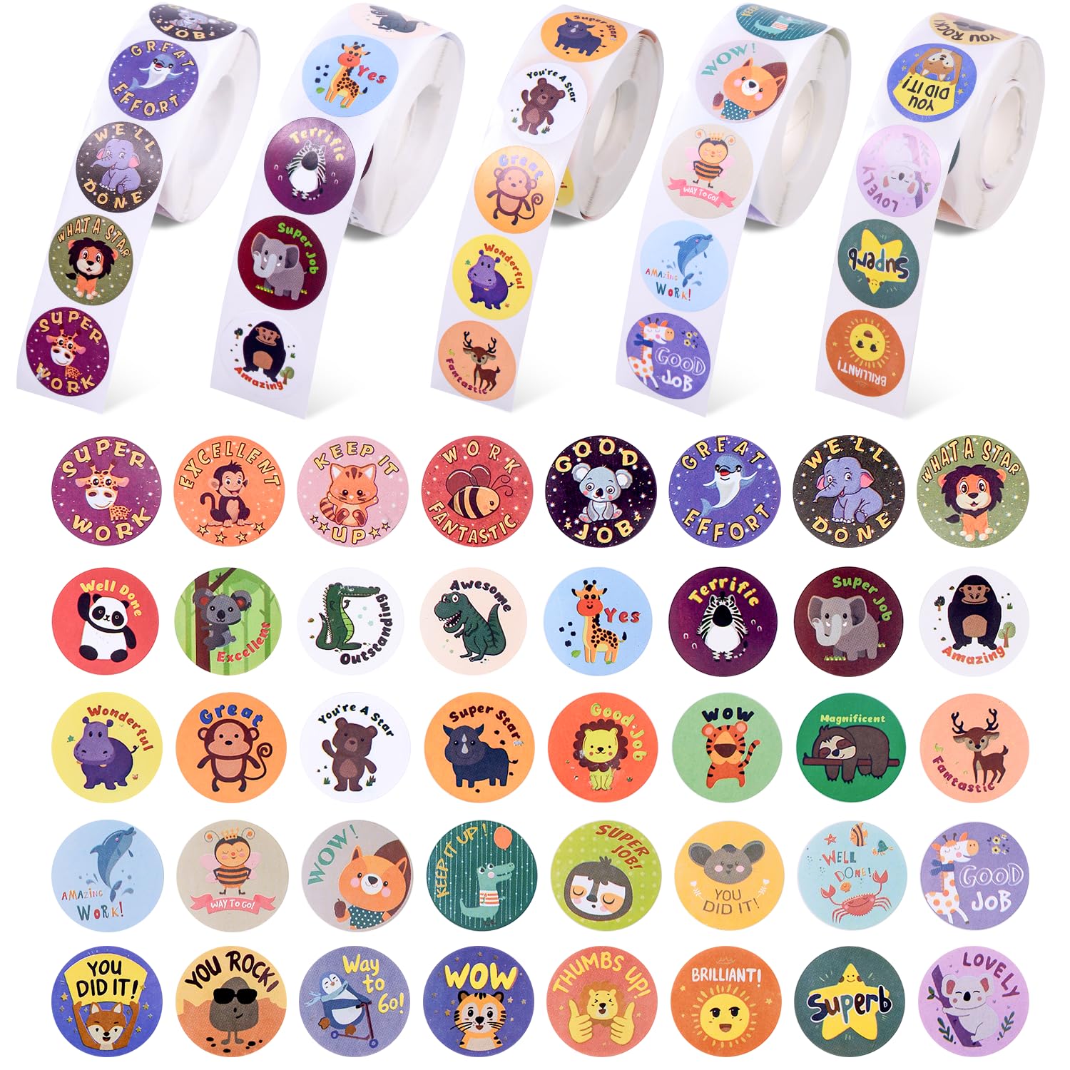 Amazon.co.jp: ごほうびシール 2500枚 40柄 ご褒美シール 動物 シール できたねシール 丸シール 英語 ステッカー 合格 ...