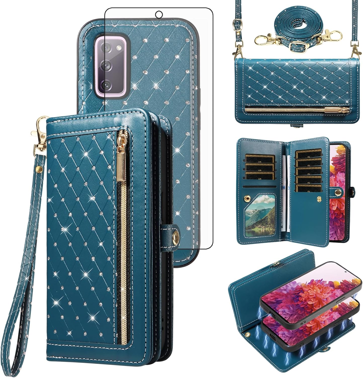 Phone Case for Samsung Galaxy S20 FE 5G 6.5 inch Zipper Wallet Cell Cover Screen Protector Crossbody Strap Bling Flip Credit Card Holder S 20 EF UW S20FE5G S20FE 20S S2O Fan Edition Women Dark Green