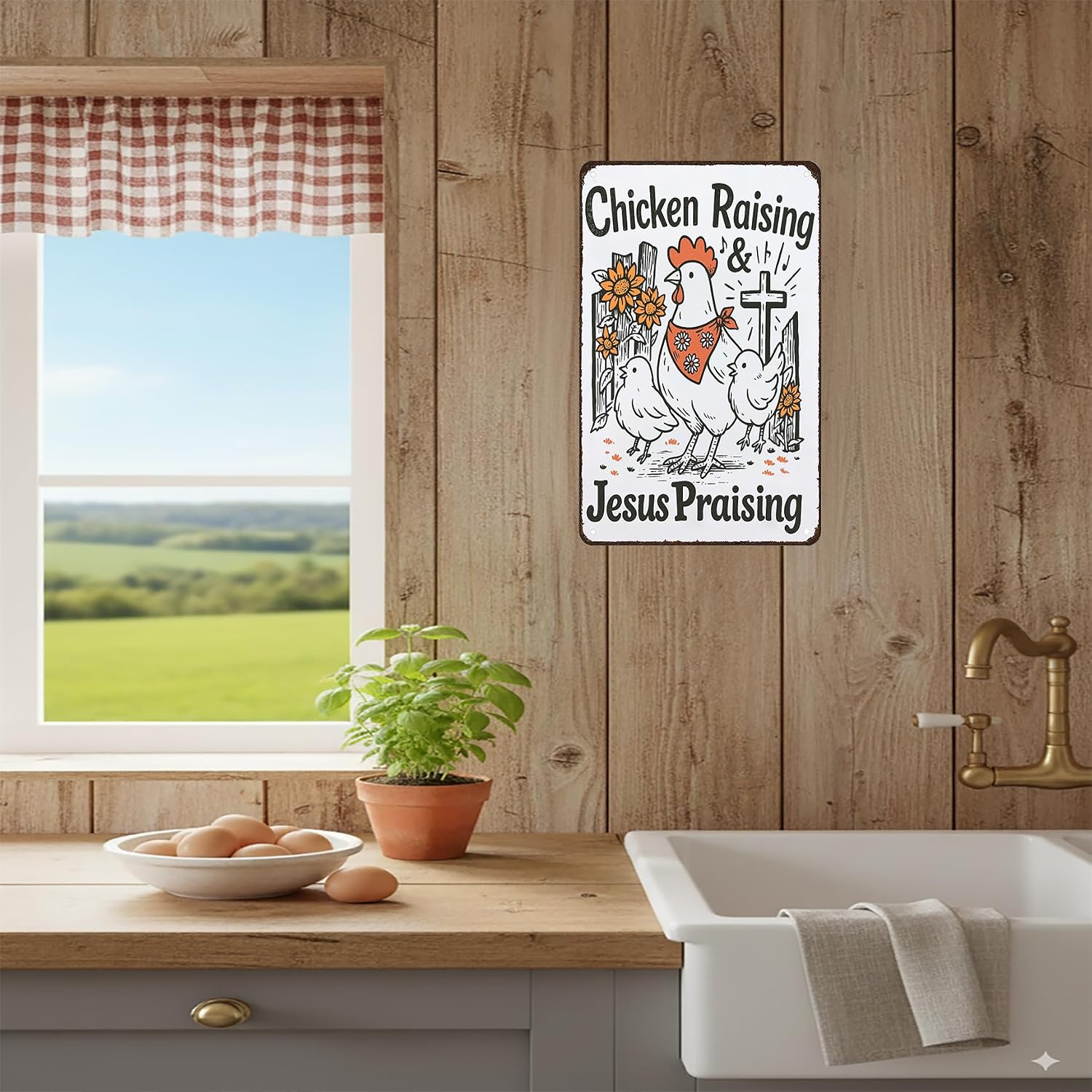Smilelife Funny Chicken Sign Chicken Raising Jesus Praising Vintage Metal Sign for Home Farm Chicken-Coop Kitchen Garden Yard Decor 8X12 Inch (3938)