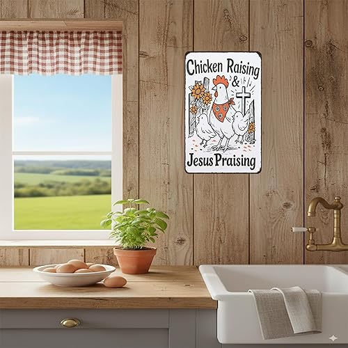 Miniatura 7 de Cartel divertido de pollo con texto en inglés "Chicken Raising Jesus Praising", letrero de lata vintage para el hogar, granja, gallinero, cocina,