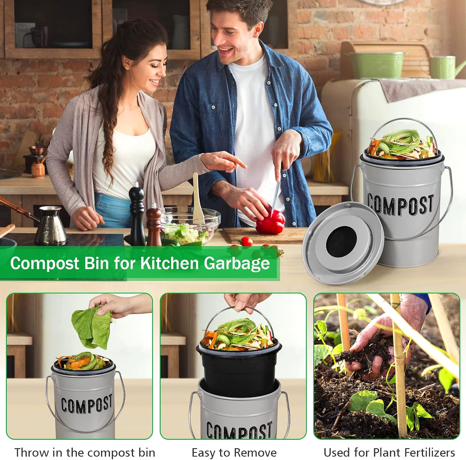 Durmmur Compost Bin Kitchen Counter, Indoor Compost Bin, Includes Inner Bucket with Sealed Ring Compost Pail, Countertop Compost Bin with Lid, Compost Bucket Compost Container, 1.0 Gallon