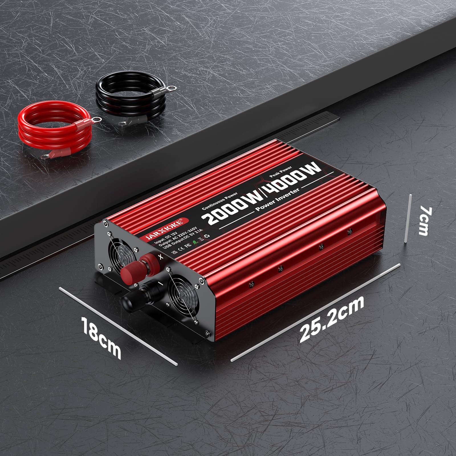 Przetwornica napięcia 2000 W, DC 12 V na AC 230 V, 2 gniazda AC i port USB, przetwornik prądu z wyświetlaczem LCD, do samochodów osobowych, przyczep kempingowych, ciężarówek