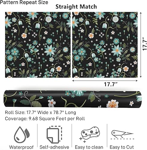 Miniatura 8 de VaryPaper Papel tapiz floral negro de 17.7 x 78.7 pulgadas, diseño de copos de nieve y flores, papel tapiz autoadhesivo extraíble, papel de contacto