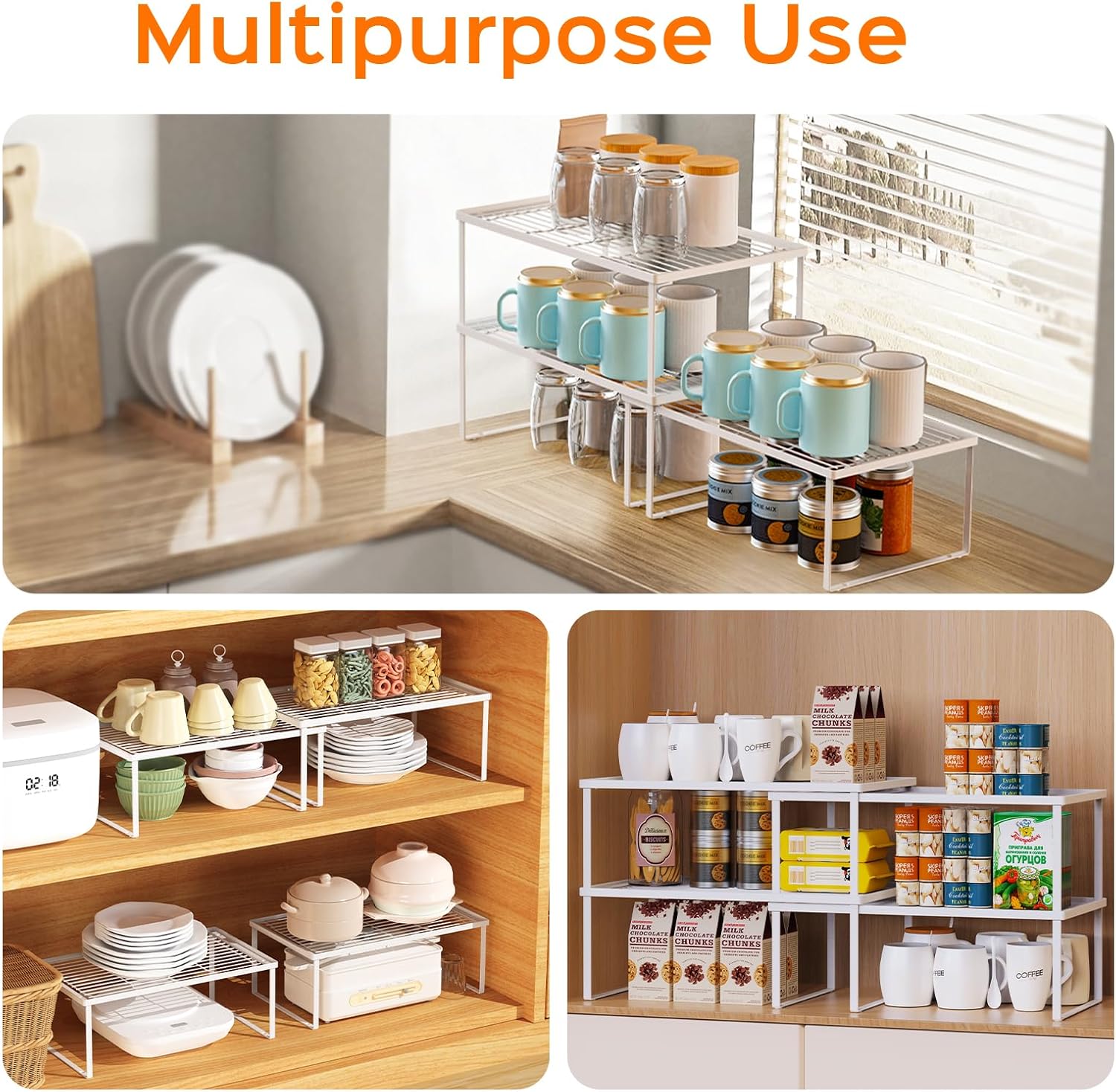 Metal Expandable Cabinet Shelf Organizer, Set of 4 Stackable Shelves for Pantry, Storage Countertop Shelf for Kitchen Counter, White, 17" L X 10" D X 6.3" H