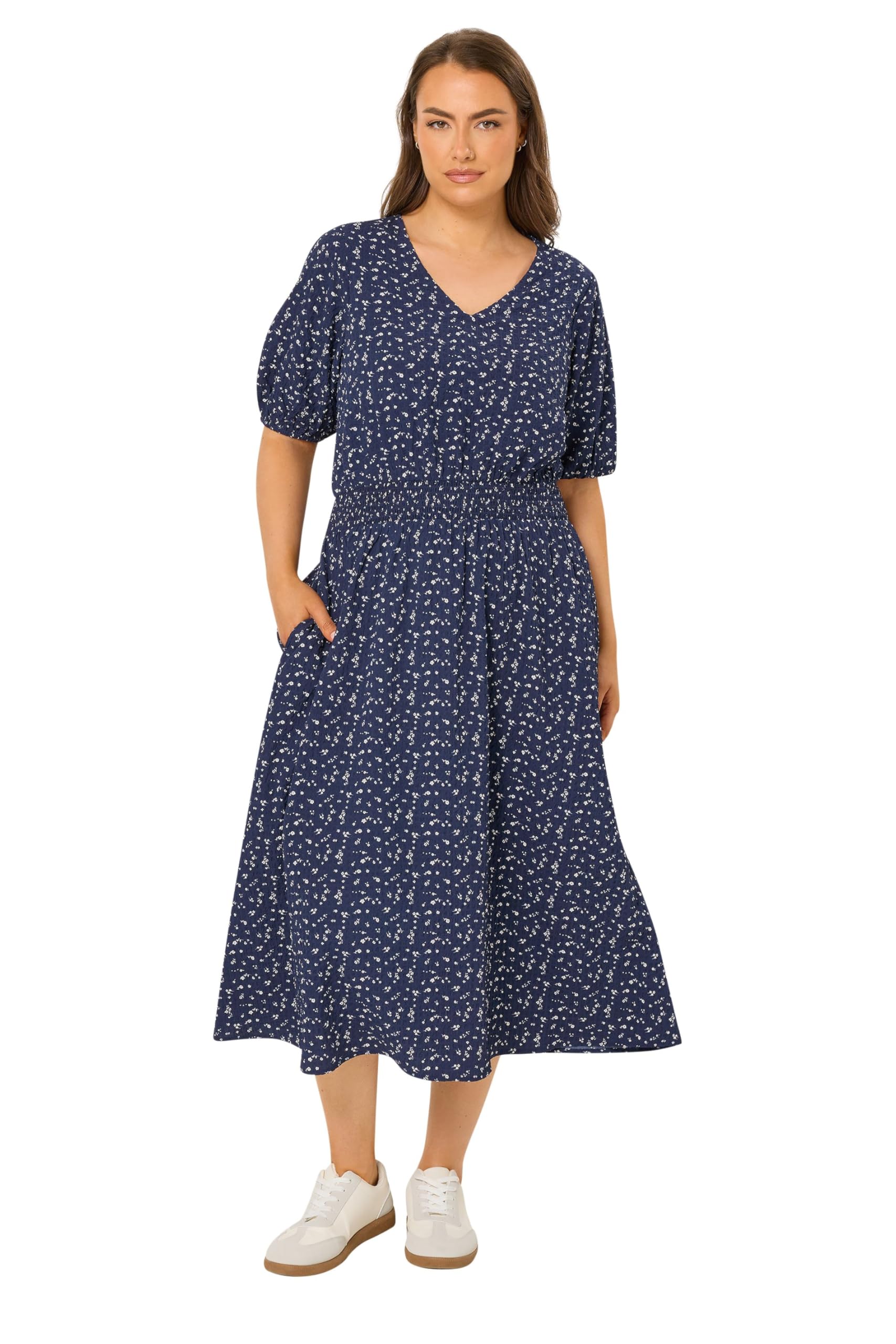 Yours Women's Mid Navy Ditsy Midi Smock Dress In | Size: 30-32