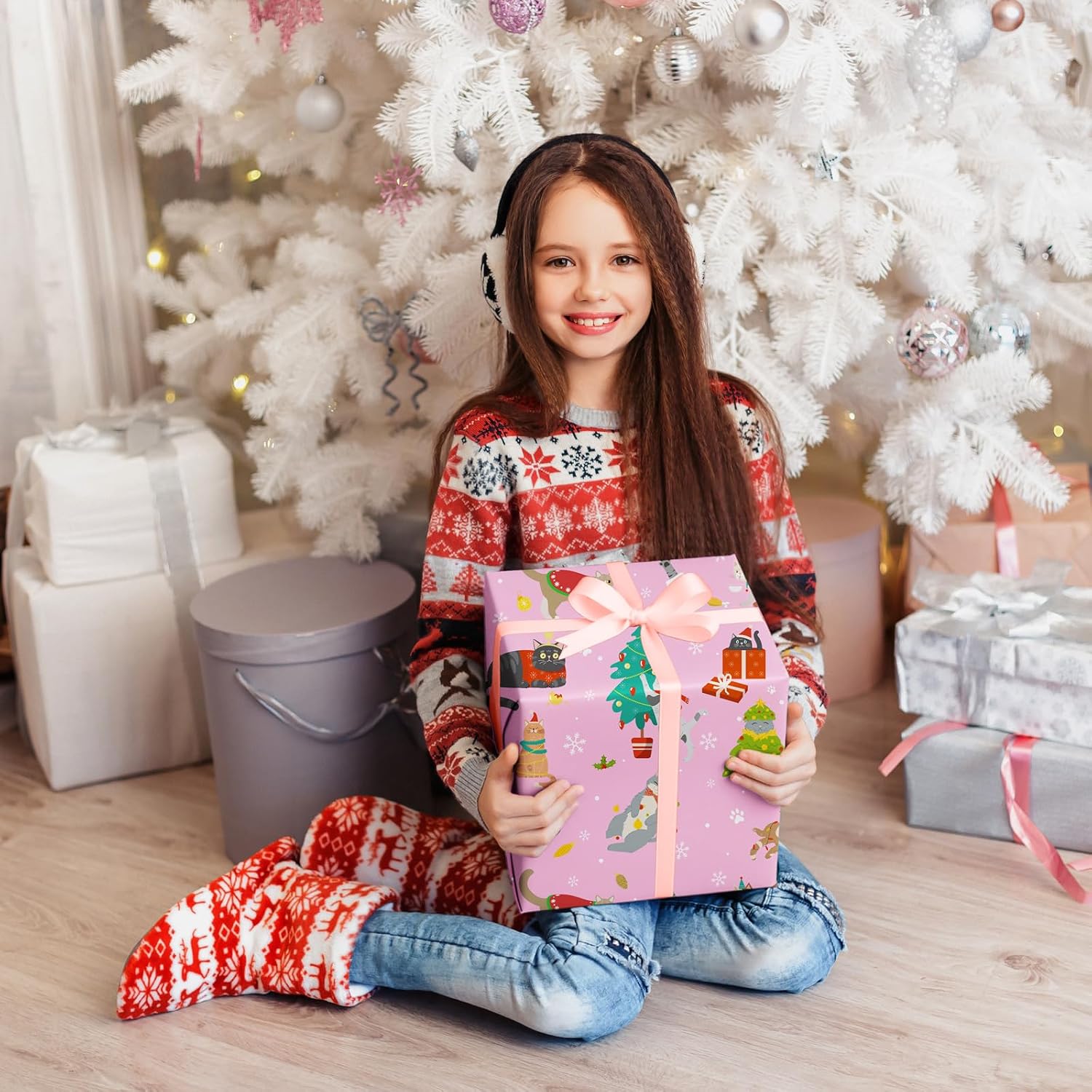 ZINTBIAL Cat Christmas Wrapping Paper - Pink Xmas Gift Wrap with Festive Cats, Holiday Trees and Snowflakes Design - Perfect for Cat Lovers, Kids & Adults Gift Wrapping - 40×28 Inches, 4 Folded Sheets image 3