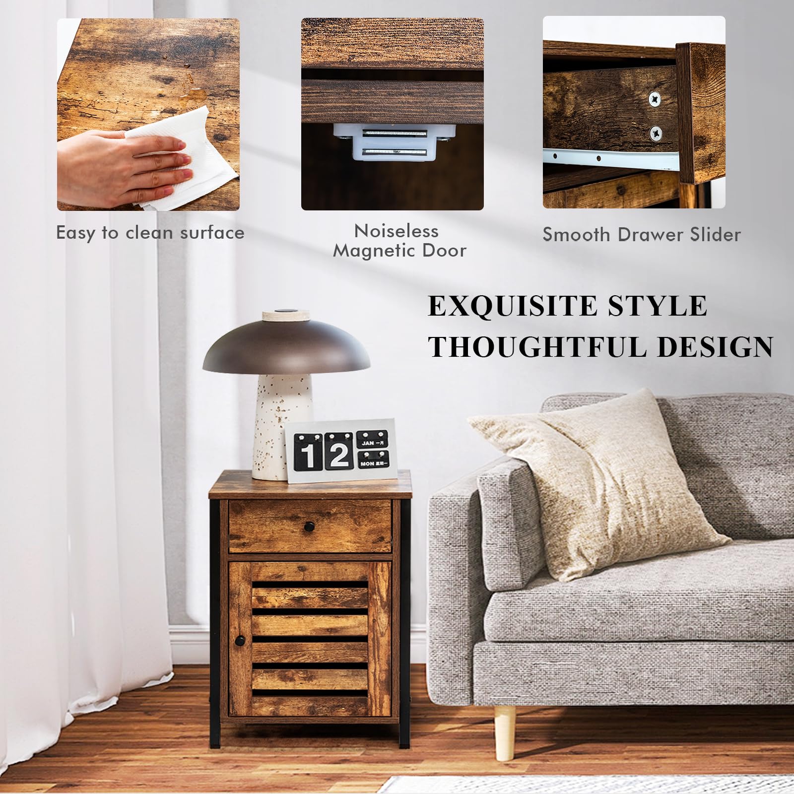 Mesita De Noche KOMFOTTEU Con 2 Cajones – 45x40x62 Cm, Patas De Madera De Caucho, Capacidad 20 Kg | Para Dormitorio, Salón U Oficina
