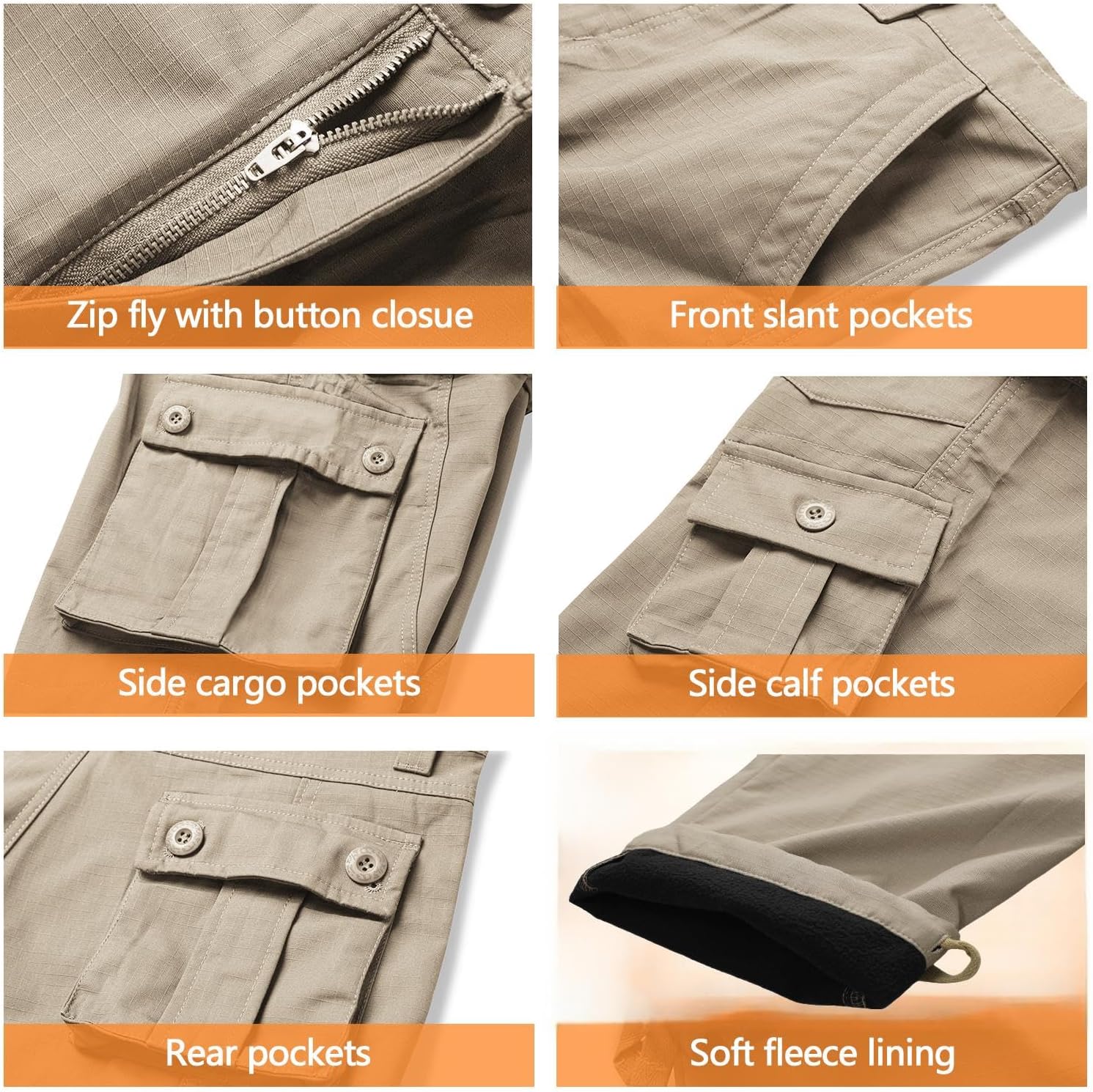 Men's Fleece Lined Cargo Pants Winter Camo Tactical Pants Waterproof Thermal Hiking Pants Insulated Work Pants No Belt - Image 4