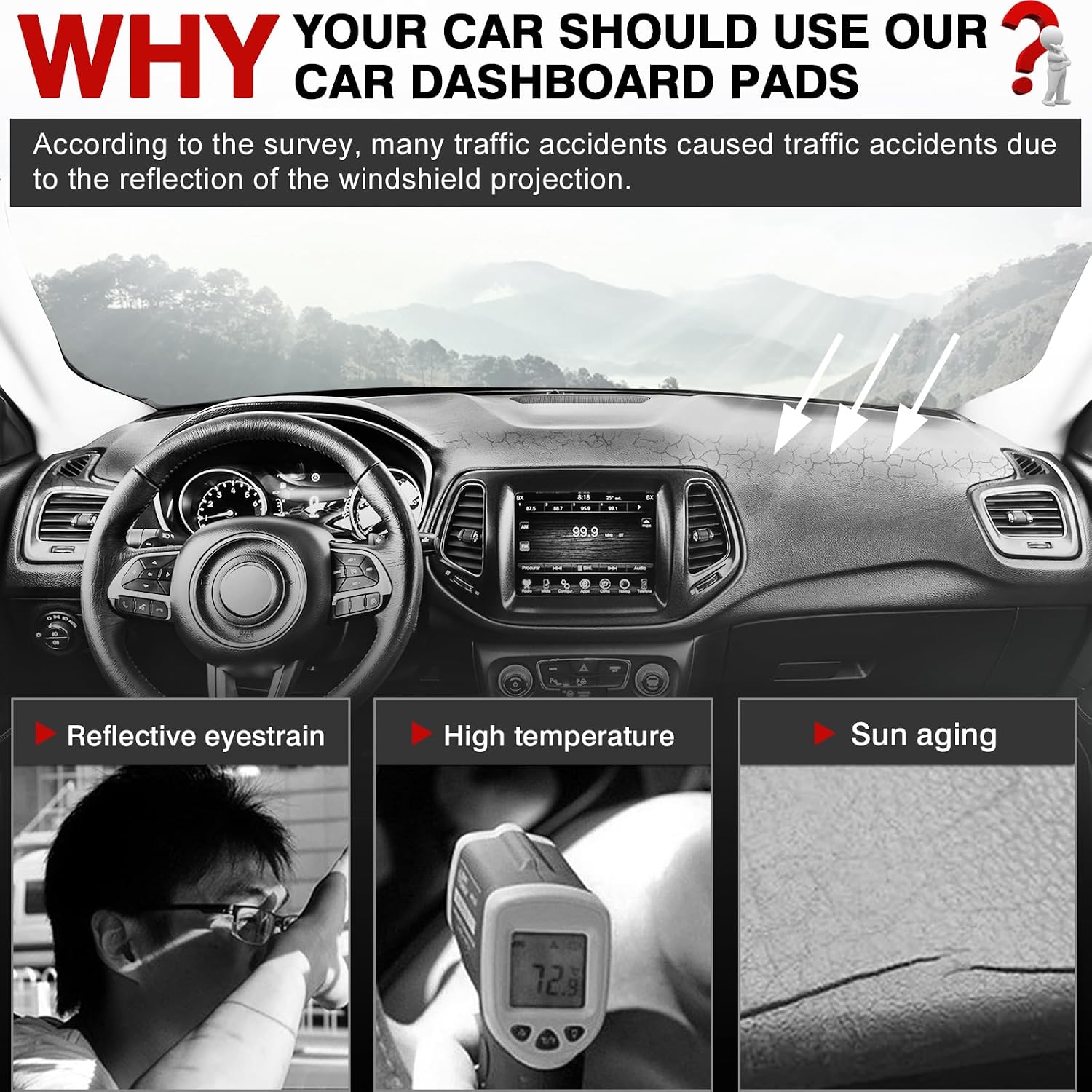 Autorder Dashboard Cover Mat for Jeep Compass 2017-2020 2021 Accessories Dash Cover Upgrade Flannel Dash Mat Sunshade Glare UV Rays Protector