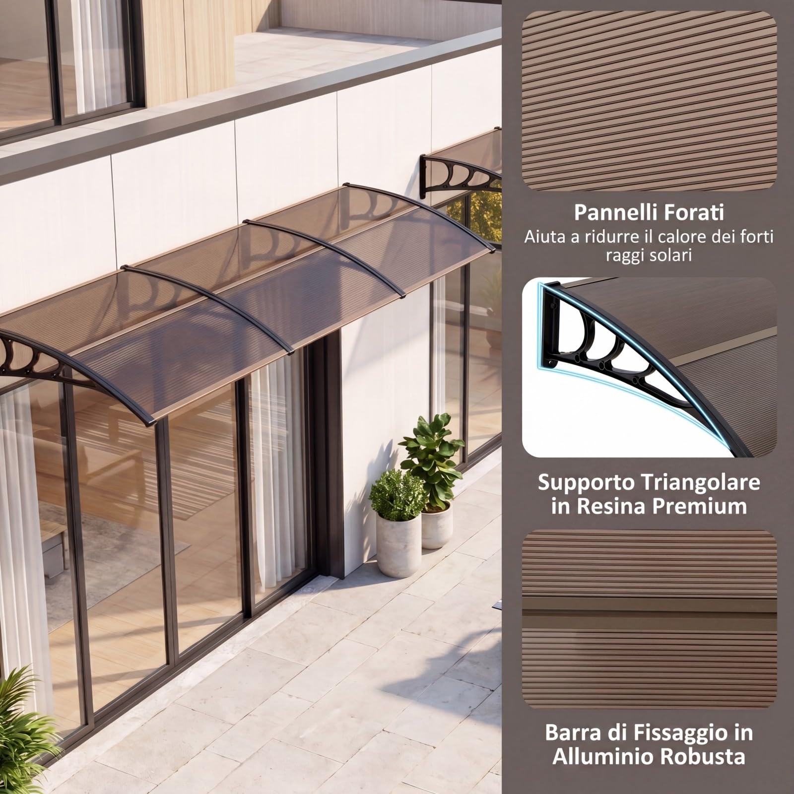 COSTWAY Pensilina Tettoia per Porta, Tettoia Parasole per Ingresso in Policarbonato, Robusta Barra di Fissaggio in Alluminio, Facile da Installare, per Finestra, Balcone, 100 x 75,5 x 23 cm (Marrone)