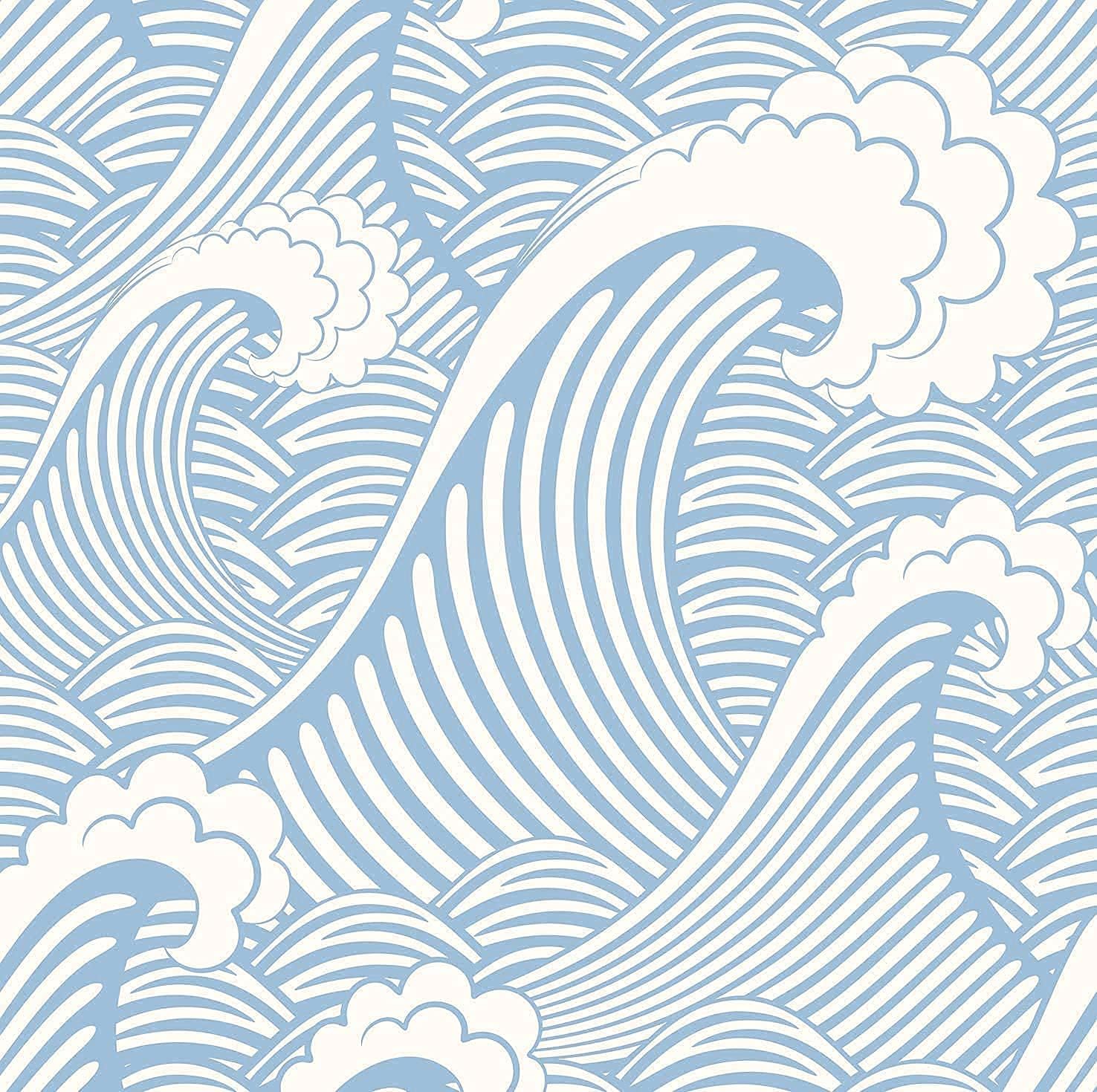 Blooming Wall CPS030 Peel&Stick Handpainting Seamless Blue White Waves Sea Sprays Self-Adhesive Prepasted Wallpaper Wall Mural (17.7“x394”)