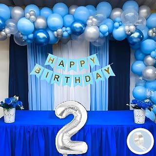 Flyloons 2nd Happy Birthday Decoration White and Blue Theme for Boys Girls Kids | 30 Pcs White Silver Color Balloons | Blue Happy Birthday Paper Banner | Arch Tape