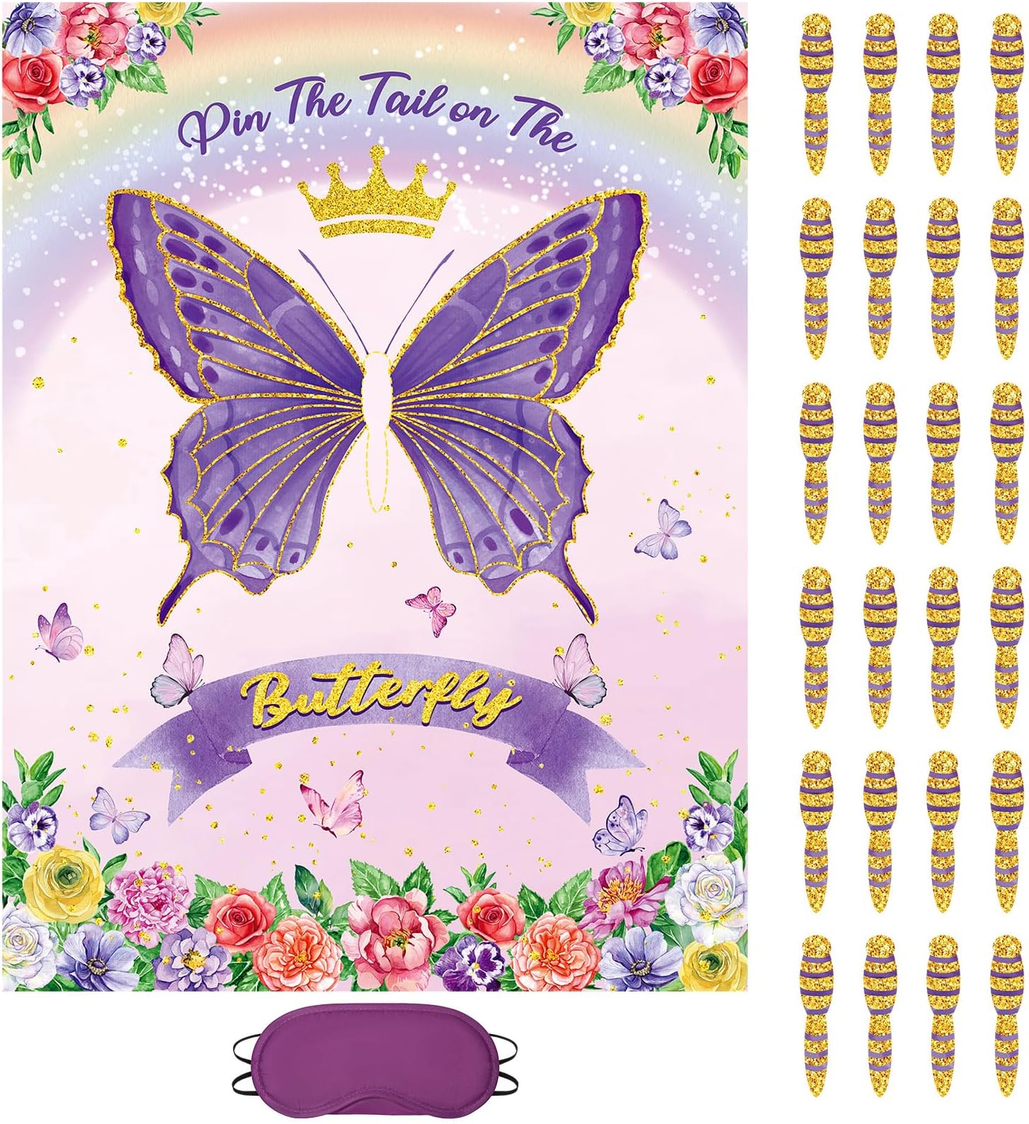 Faccito Purple Butterfly Pin The Tail Butterflies Birthday Party Decorations Supplies with 21 x 28 in Poster 24 Stickers Blindfold for Spring Princess Pastel Rainbow Flower Decor