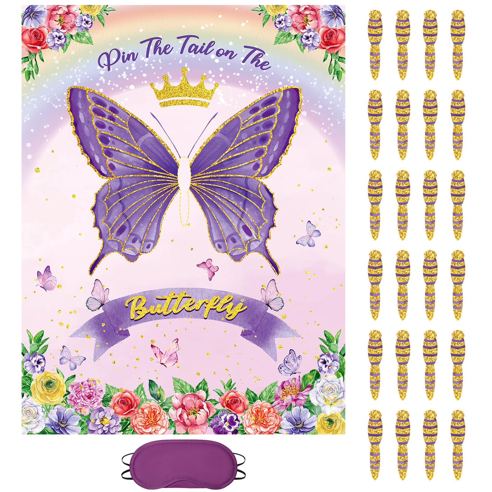 Faccito Purple Butterfly Pin The Tail Game Butterflies Game Birthday Party Decorations Supplies with 21 x 28 in Poster 24 Stickers Blindfold for Spring Princess Pastel Rainbow Flower Decor Favors
