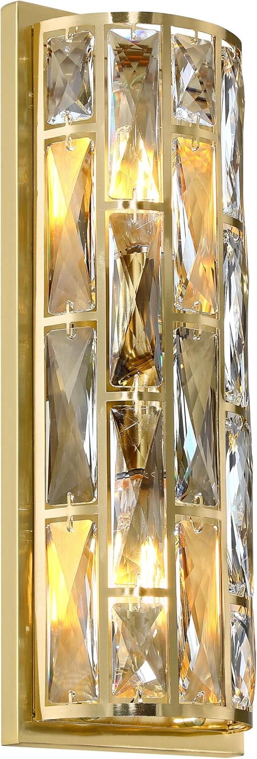 Doraimi Lighting 2 Light Crystal Bathroom Wall Sconce Modern Concise Style Wall Light Fixture,Brushed Bronze Finish Polygon Crystal Shade for Bedside Hallway Bedroom