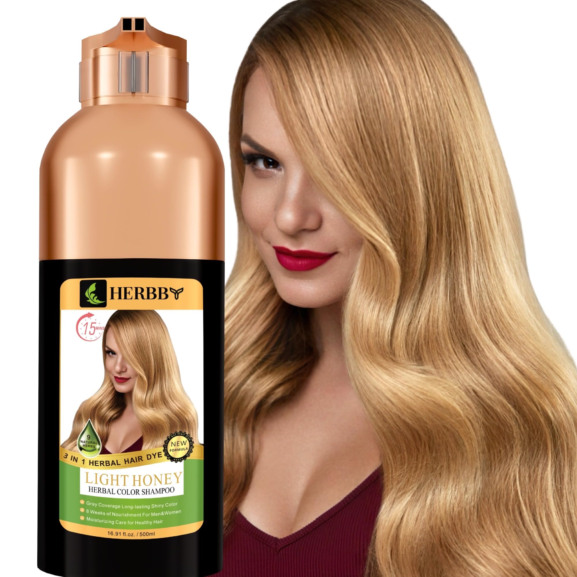 HERBBY Hair Color Shampoo for Gray Hair Coverage&Color Transform with 9 Herbal Extracts –Long Lasting(6-8 Weeks),Shiny,Evenly Colored,Instant Hair Dye Shampoo&Conditioner, 500 Ml (LIGHT HONEY COLOR)
