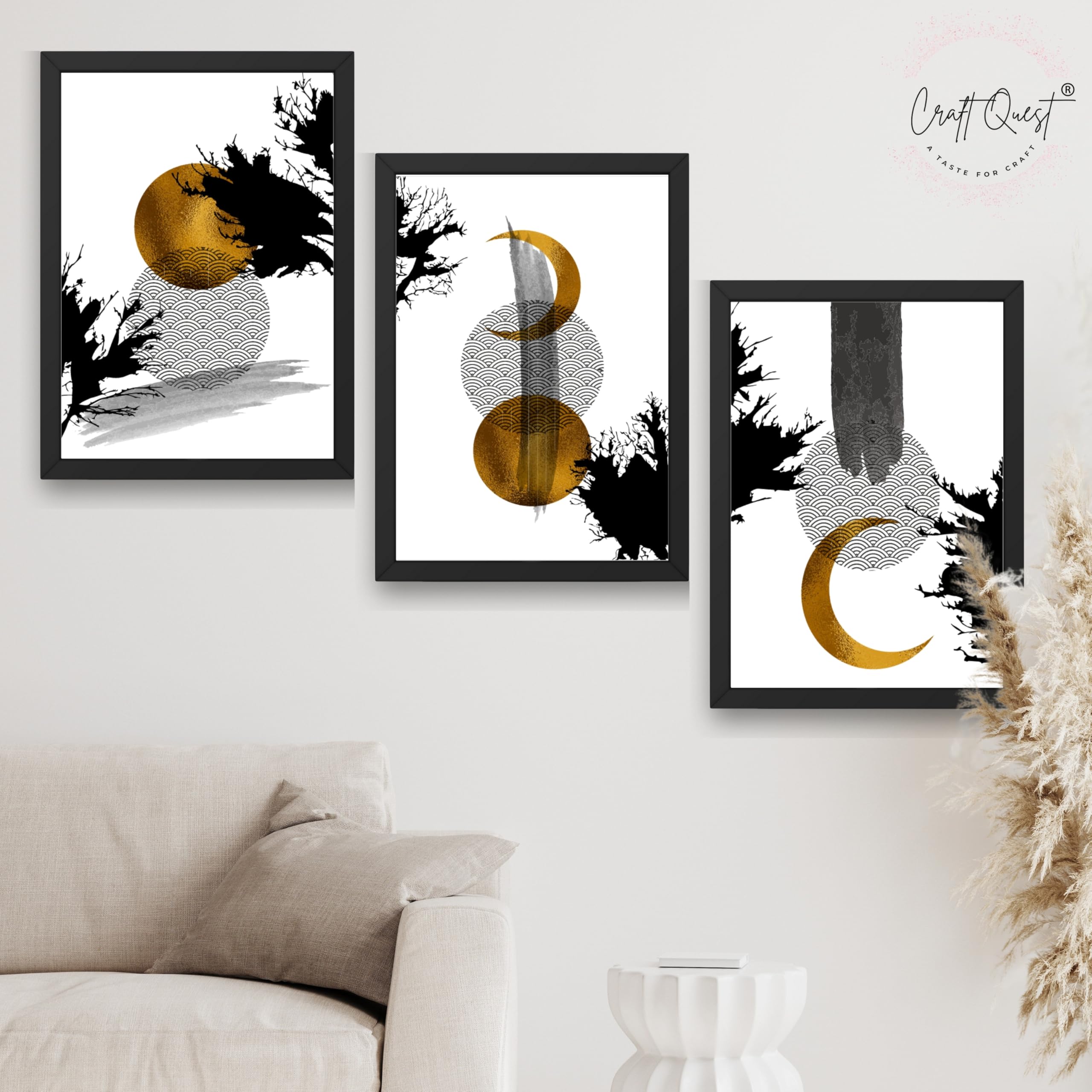 CRAFT QUEST Wall Art Decor Paintings | Set of 3 Abstract Wall Art Frames for Home Decoration | Ideal for Living Room, Bedrooms & Office (Black, 10 X 13 Inch Each Frames)