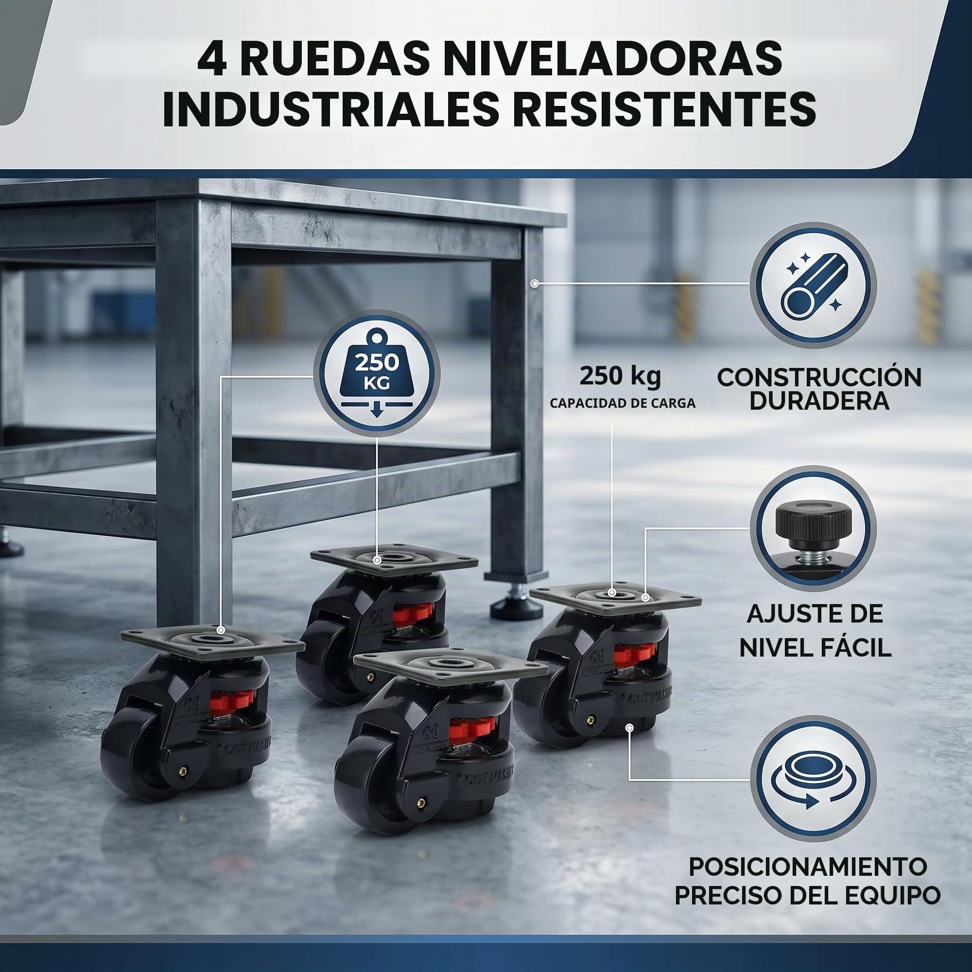 Ruedas Giratorias con Ajuste de Nivel 50mm, 4 Piezas, Nylon de Alta Resistencia, Carga 500kg, Ruedas Industriales para Máquinas, Mesas de Trabajo Móviles, Equipo Pesado