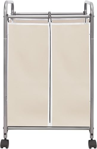 Clasificador de ropa sucia de 2 secciones, 2 bolsas de lavandería, carrito de lavandería rodante, cesta de lavandería con ruedas resistentes y bolsa