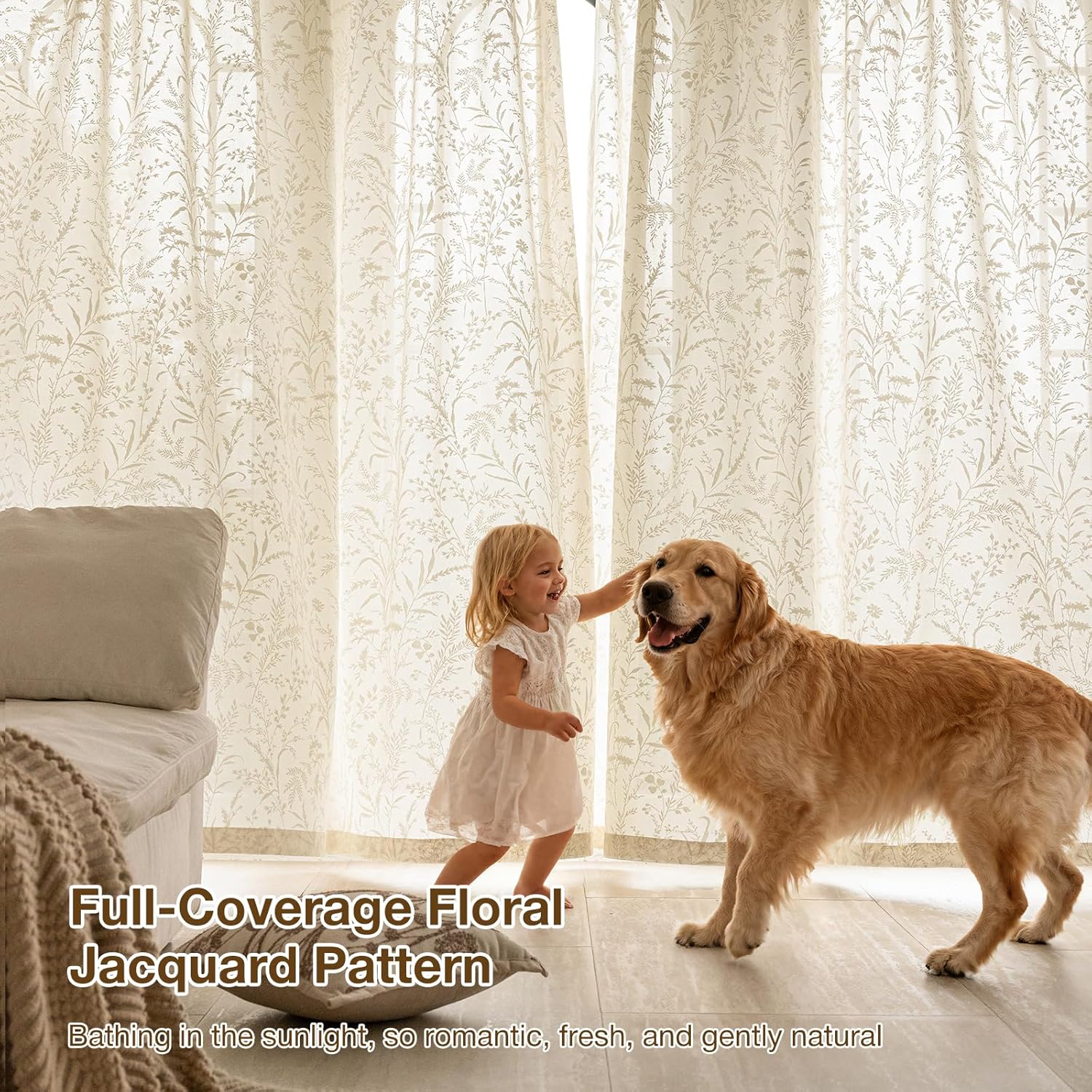 Anmao Taupe Semi Sheer Light Filtering Curtains 96 Inches Long 2 Panels, Leaf Pattern Drapes for Living Room Bedroom, Rod Pocket Sheer Window Treatments with Floral Design, 52x96 Inch