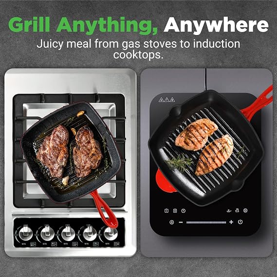 NutriChef 11 Enameled Cast Iron Steak Grill Pan - Square Skillet with Drip Spout, For All Cooktops, Perfect Grill Marks - NCCIES47