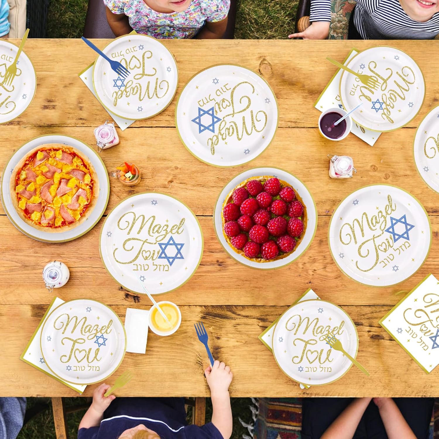 96Pcs Mazel Tov Party Decorations Congratulations Plates and Napkins Gold Blue Disposable Paper Tableware Set for Bar Mitzvah Bat Mitzvah Jewish Birthday Wedding Engagement Party Supplies Serves 24