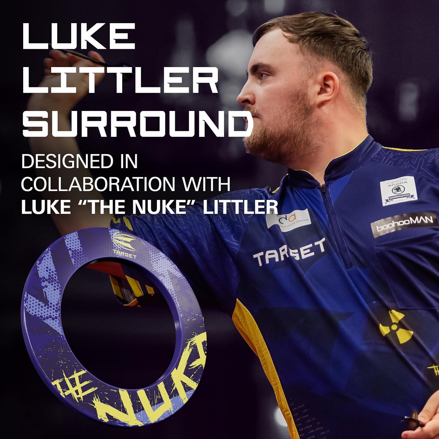 Target Darts Luke Littler Dartboard Surround | The Nuke Dart Board Protector Ring, Compatible with All Steel Tip Dartboards, Purple & Yellow Dart Surrounds, Easy Install Wall Protection Outer Rings