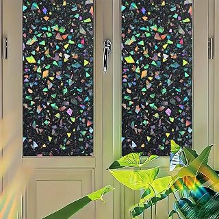 Holographic Black Window Film Iridescent Triangle Static Cling Decorative Glass Sticker Privacy No Glue Sun Blocking Window Decal for Studio Loft Room Panels 17.7x39.3 inch