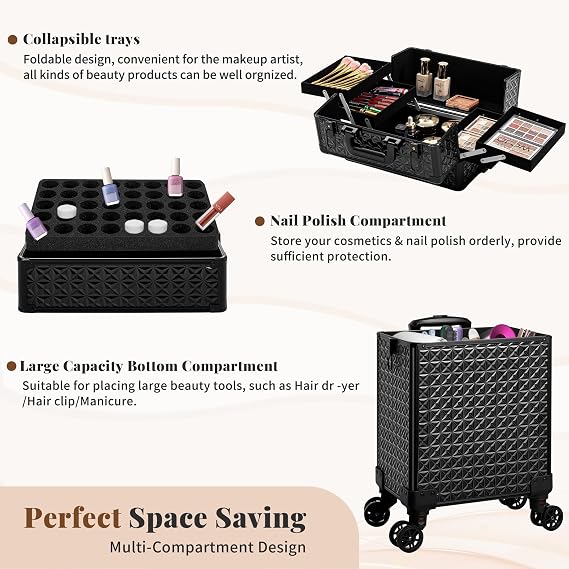 3 in 1 Rolling Makeup Train Case Cosmetology Case on Wheels, Black