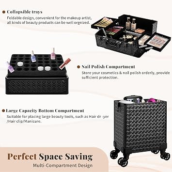 3 in 1 Rolling Makeup Train Case Cosmetology Case on Wheels, Black
