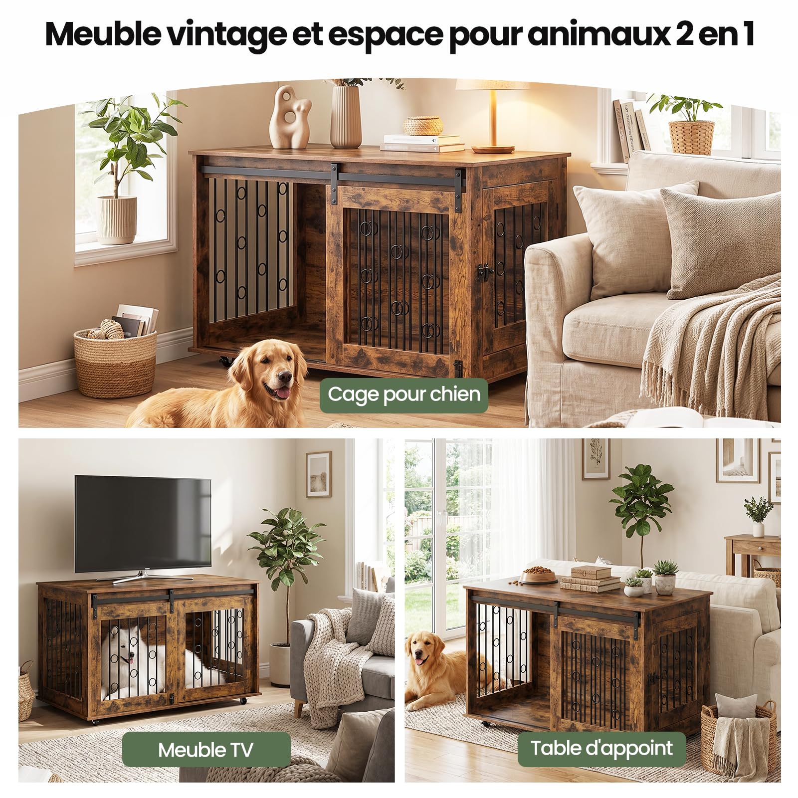 EUGAD Jaula para Perros Interior,Dog Crate para Perro de Madera | para Perros Medianos Grandes,con Ruedas y Puertas,Caseta Móvil Perros hasta 120KG,Moderna Casa Perro 100x56x58cm