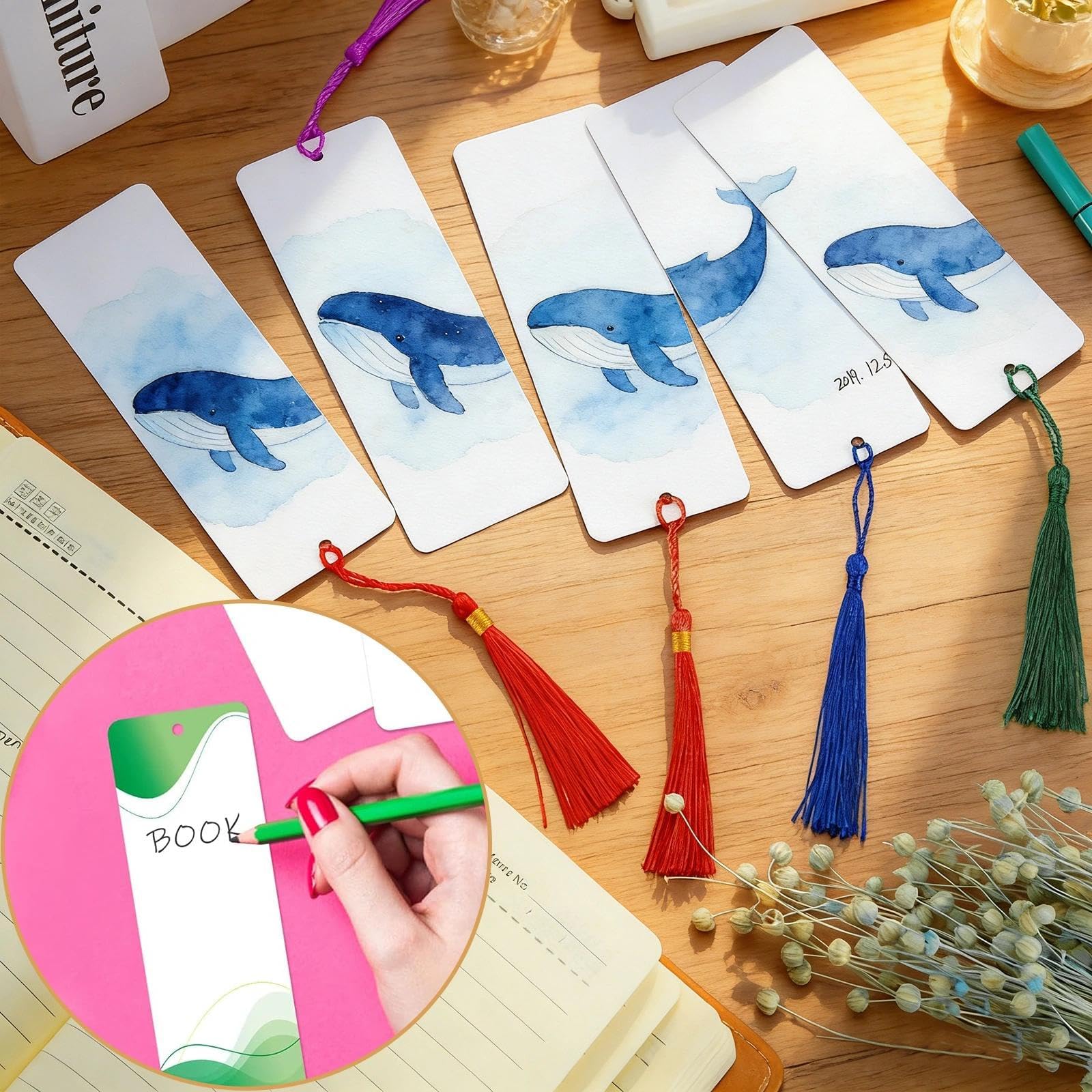 Marcapaginas Papel Personalizado 14x4.9 cm con Agujero Borlas 90 Piezas (Blanco)