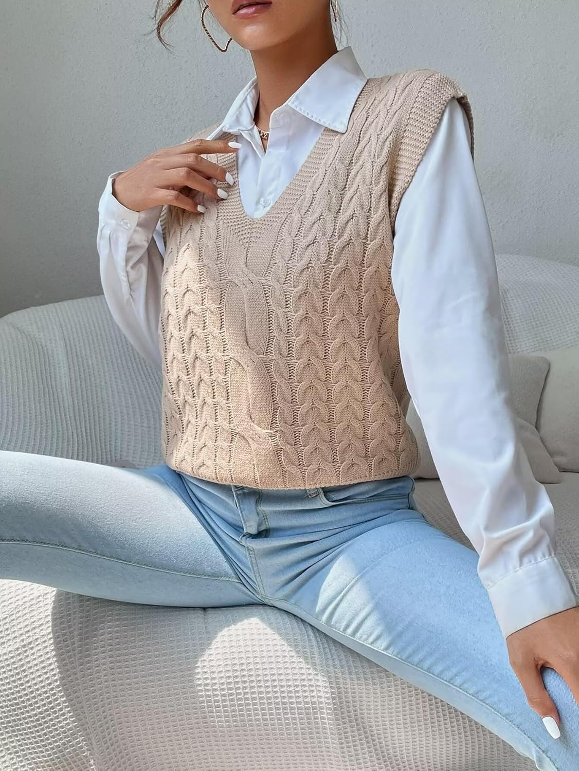 Womens Sweater Vest Cable Knit Casual V Neck Ribbed Preppy Pullover Tops Sleeveless - Image 5