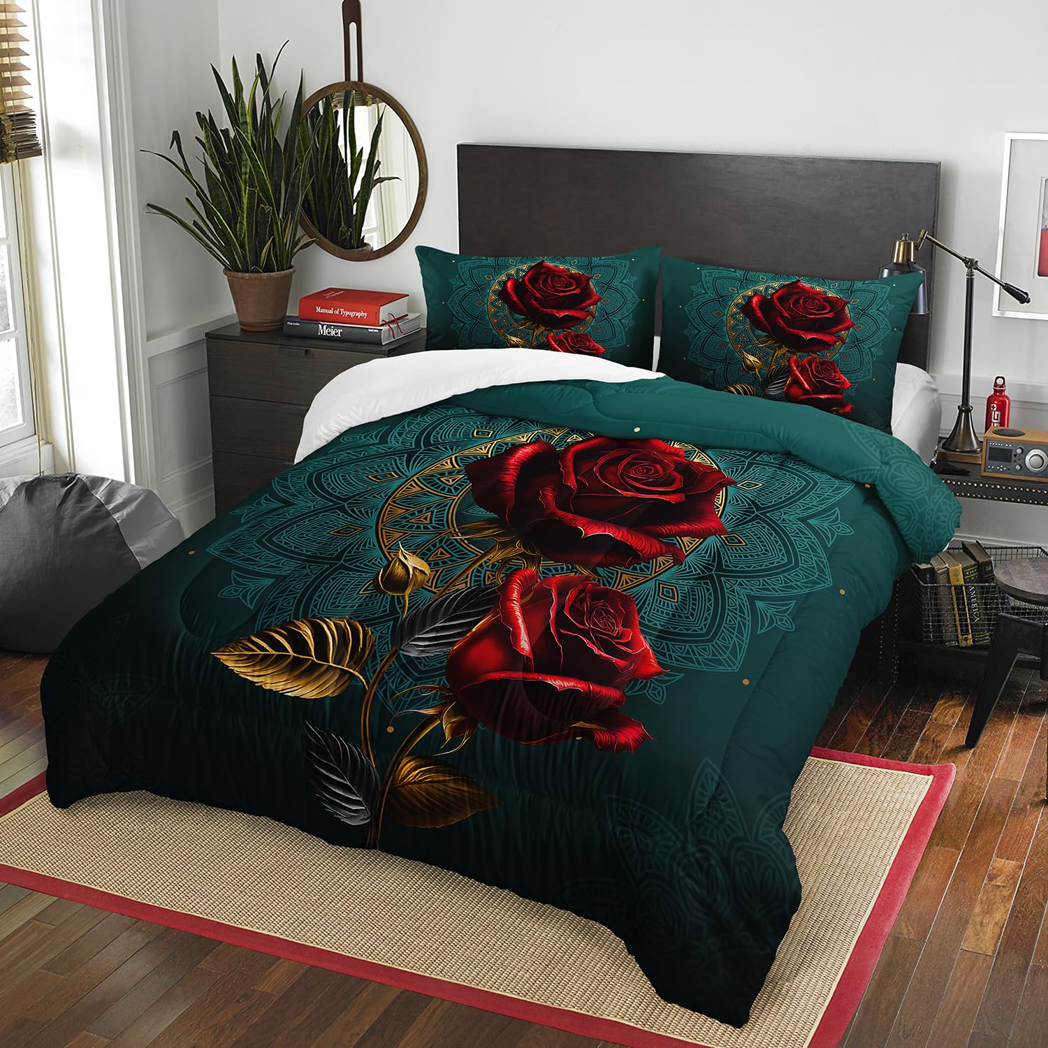 AILONEN Red Rose Comforter Set Twin Size, Red Floral Print Bedding Set for Girls,Valentine Romantic Blossom Floral Bed in a Bag,1 Quilt and 2 Pillowcases,Soft Microfiber for All Season