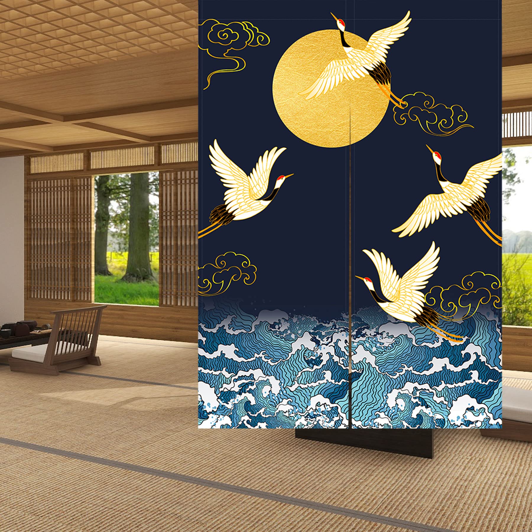 LIGICKY Noren Doorway Curtain Japanese Style Thickened Cranes Waves Gold Full Moon Printed Cotton Linen Window Treatment Door Tapestry for Home Decoration 85 x 120 cm - Image 4