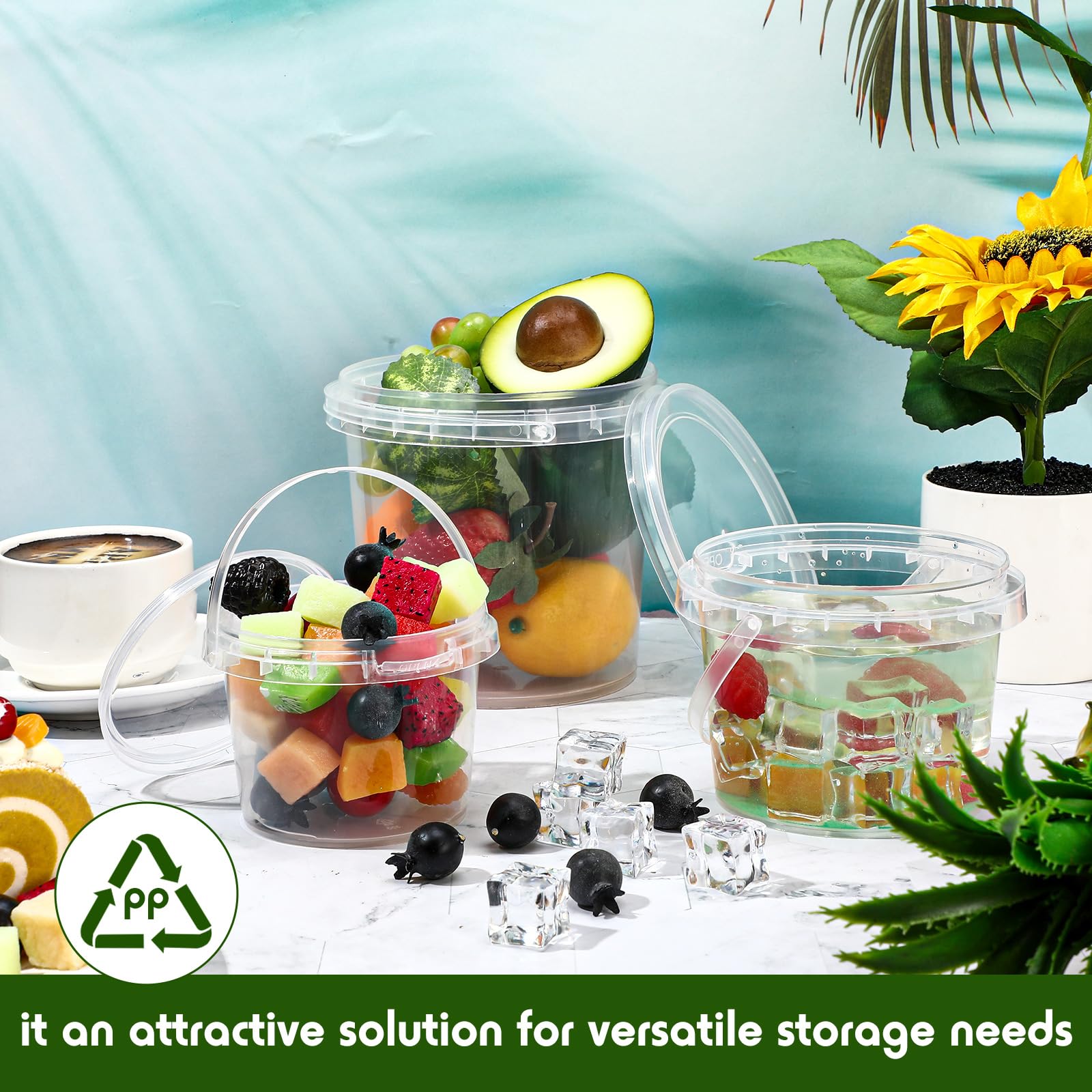 Vesici 60 Stück Eis-Eimer mit Deckel und Griff, 907 ml, 473 ml, 227 ml, Kunststoff, wiederverwendbar, transparent, Kunststoffwanne für Snacks, Delikatessen, Obst, transparent, auslaufsicher,