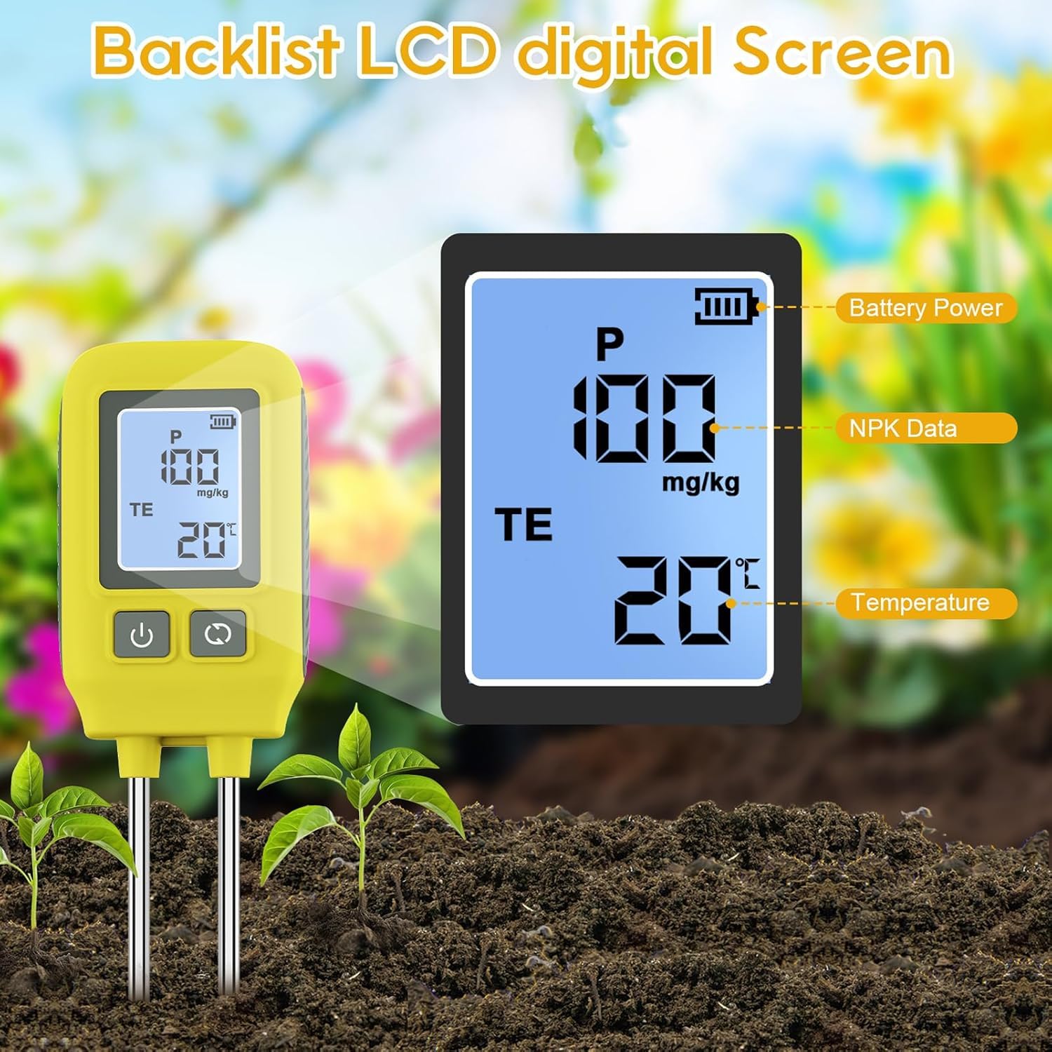 Medidor digital 4 en 1 para medición de nitrógeno, potasio y temperatura, analizador de humedad y nutrientes del suelo de alta precisión para cuidado de jardín y granja