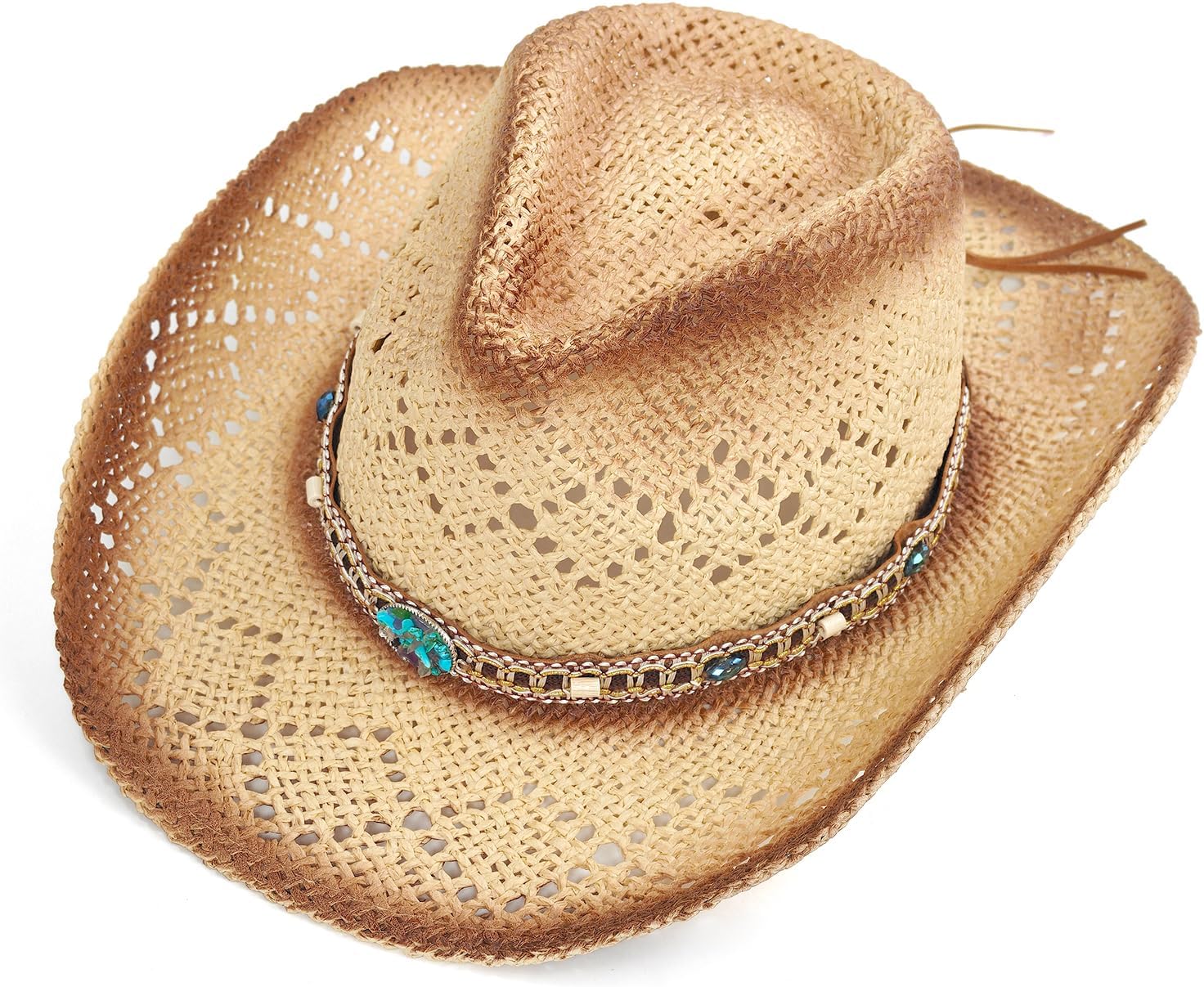 Straw Cowboy Hat for Women & Men – Breathable Woven Sun hat with Decorative Band, Adjustable fit, UV Protection – Perfect for Beach, Festival, Hiking, Country Concerts (Smoked Edge)
