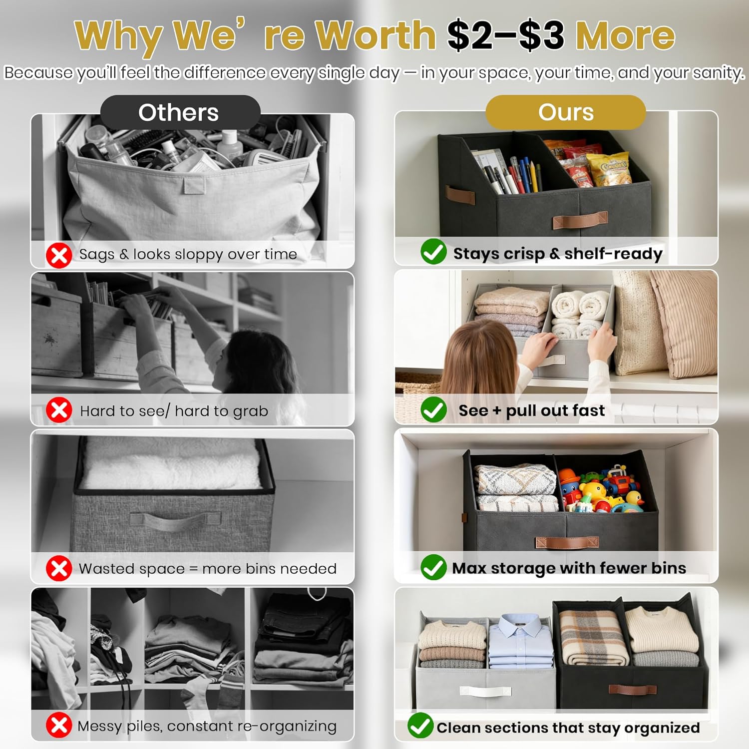 Trapezoid Storage Bin - UPGRADED HEIGHT Closet Organizers And Storage W/ Handles & Adjustable Dividers, Fabric Collapsible Storage Bins For Clothes Storage & Shelf Organizer (6pcs, Medium, Ivory)