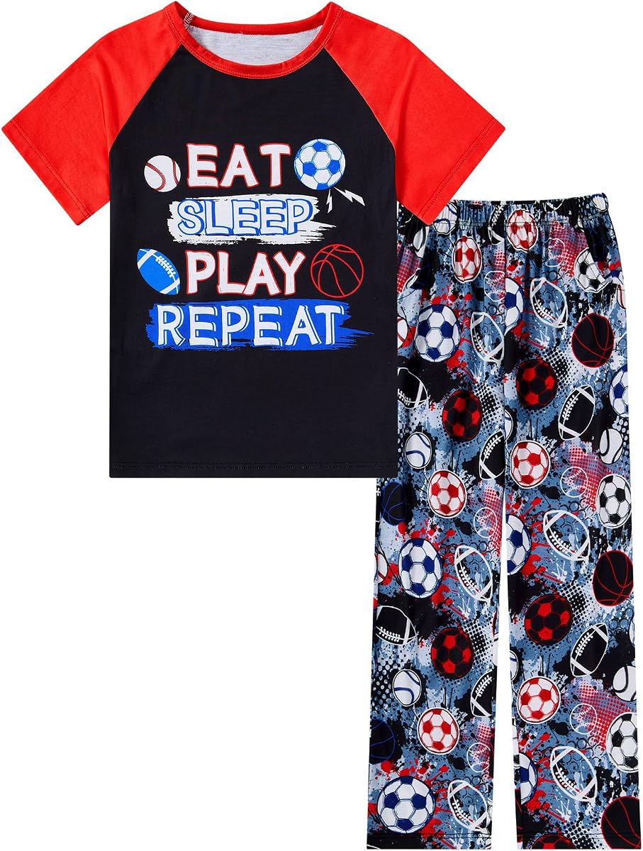 Funnycokid Boys Pajamas 2 Piece Kids Summer Pjs Loose Fit Size 6-12 | 2 Piece Set, Themed Sleepwear, Cool, Soft, Short Sleeve Top, Pants with Pockets