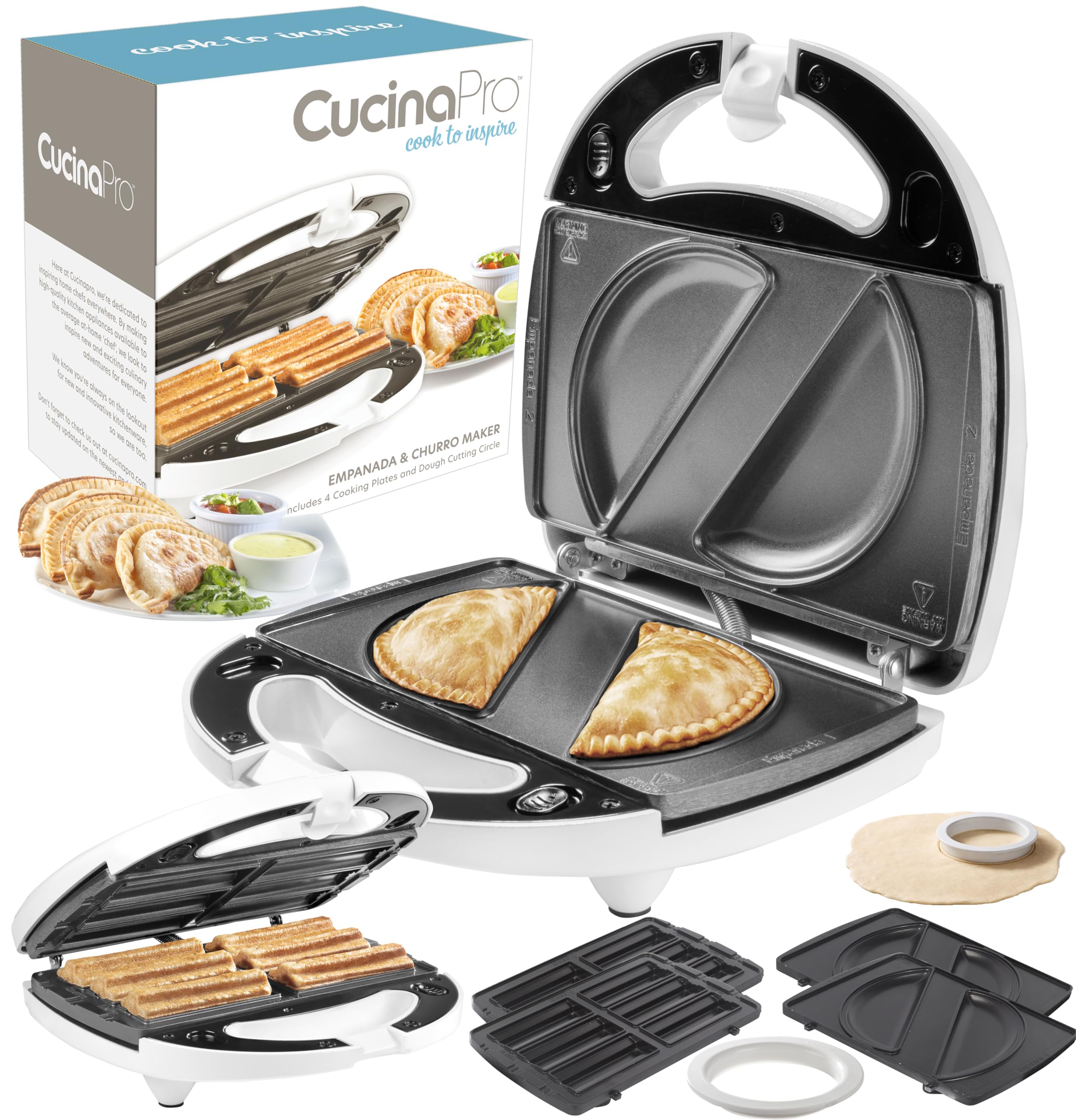 Empanada & Churro Maker Machine- Electric Cooker w 4 Removable Plates- Easier than a Press- Dough Cutting Circle for Easy Measurement, Mexican Dinner Party Night Treat, Dessert Gift or Food Supplies