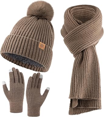 Passionbility Womens Winter Beanie Hat Scarf Gloves Set, Knitted Scarf and Hat Touchscreen Gloves Gift for Women 3 in 1 Set