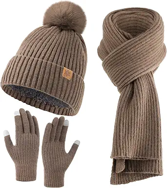 Passionbility Women's Winter Beanie Hat, Scarf & Gloves Set - 3 in 1 Knitted Winter Accessories