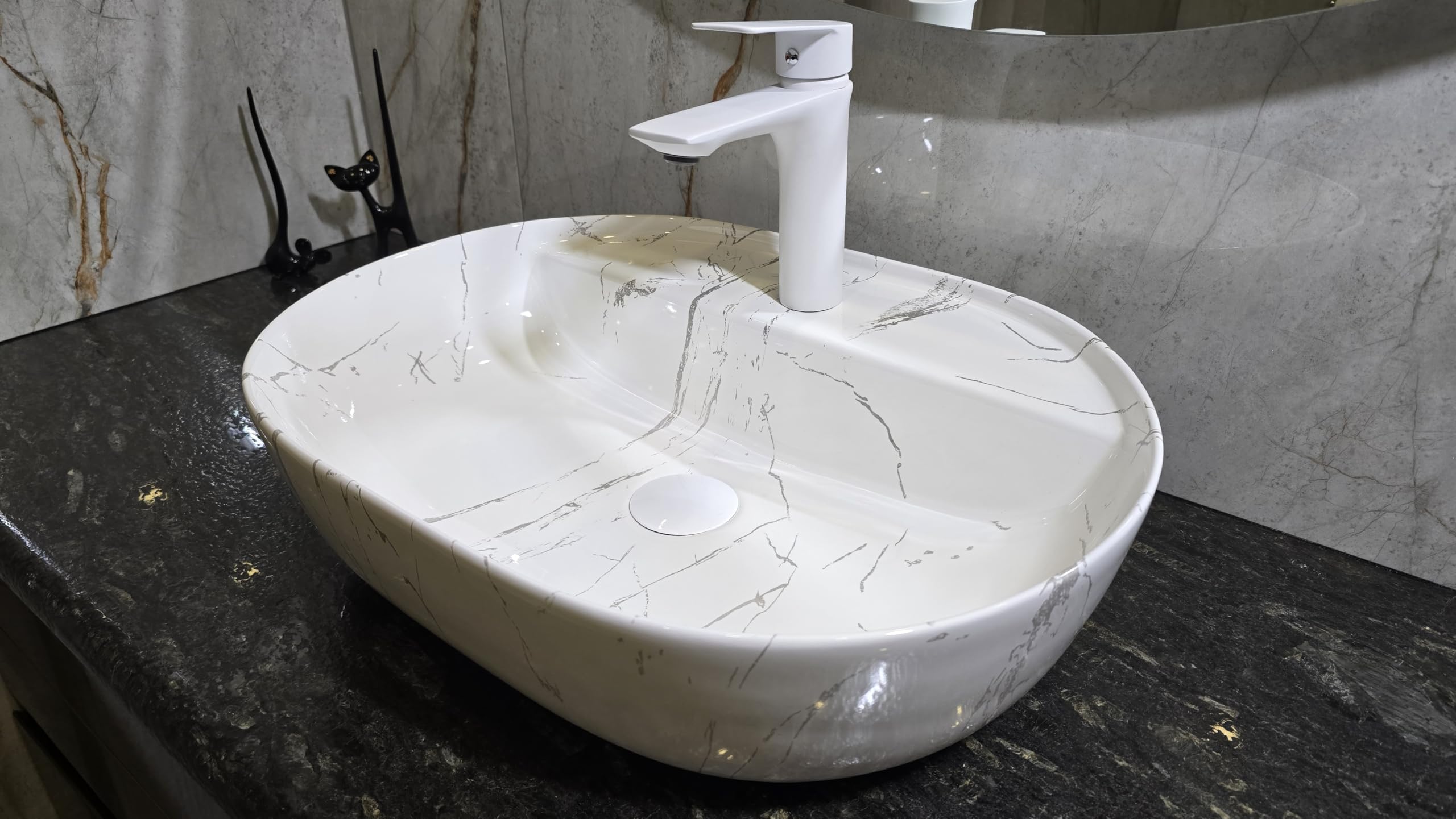 Umywalka ceramiczna owalna - 50 x 40 x 13 cm - Biały/marmur - nablatowa i WC dla gości - do rąk