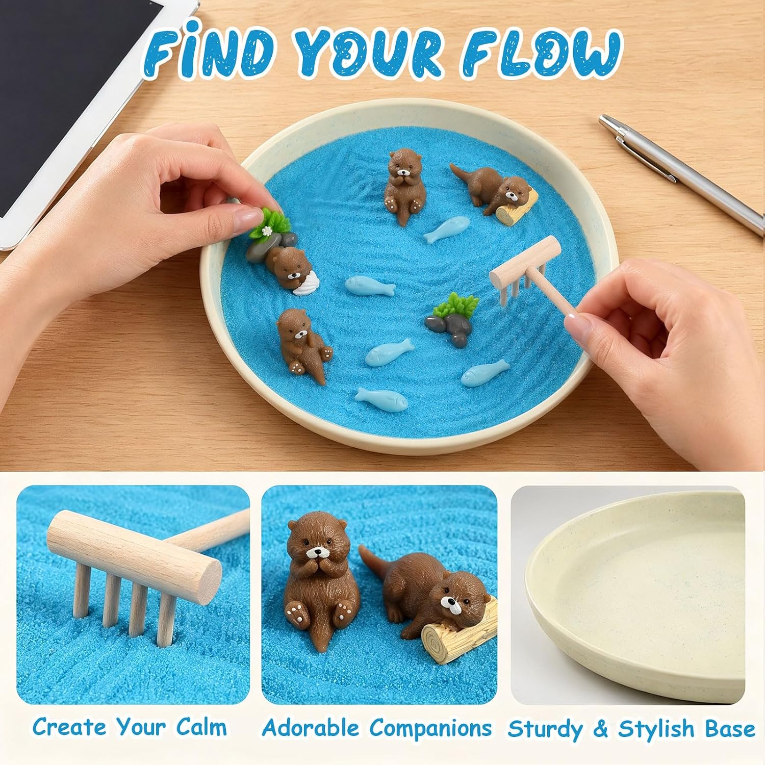 Otter Zen Garden for Desk Mini Zen Garden Kit Calming Desk Decor | Calming Zen Garden for Stress Relief, Decorative Zen Sand Garden with Cute Otter, Relaxing Office Home Gift