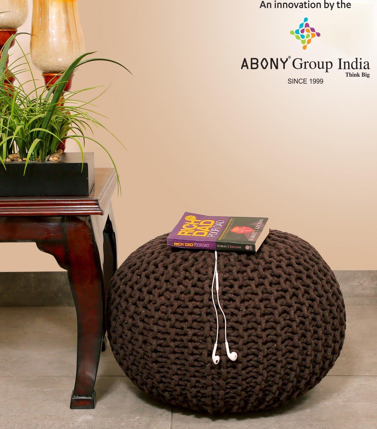 ABONY Pouf Cotton Hand Knitted Ottoman/Pouffe/Foot Stool (30 x 45 cm, Brown)
